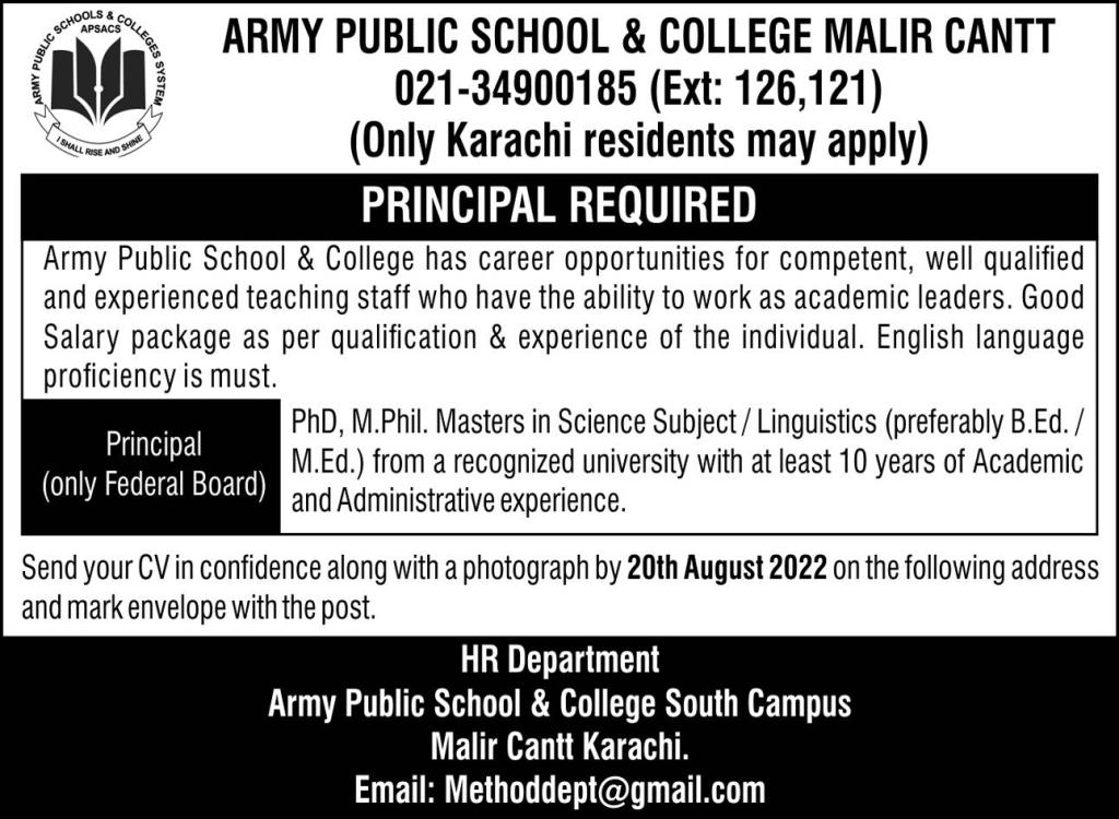 Latest Army Public School & College Education Posts Karachi 2022