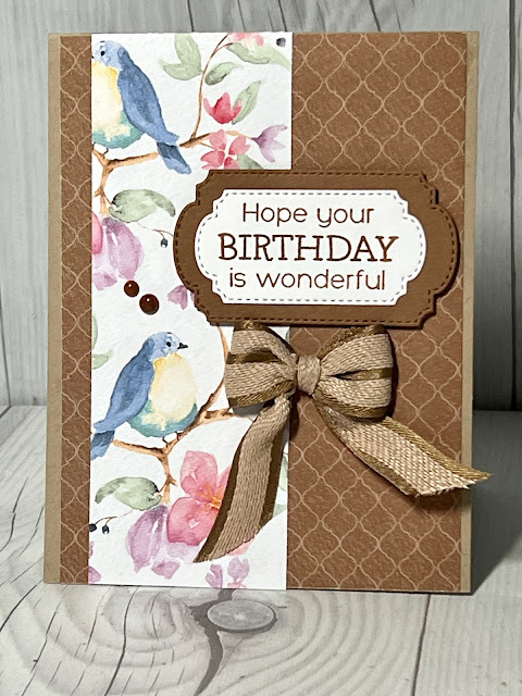 Birthday greeting card using the Stampin' Up! Flight & Airy Designer Series Paper with a bow