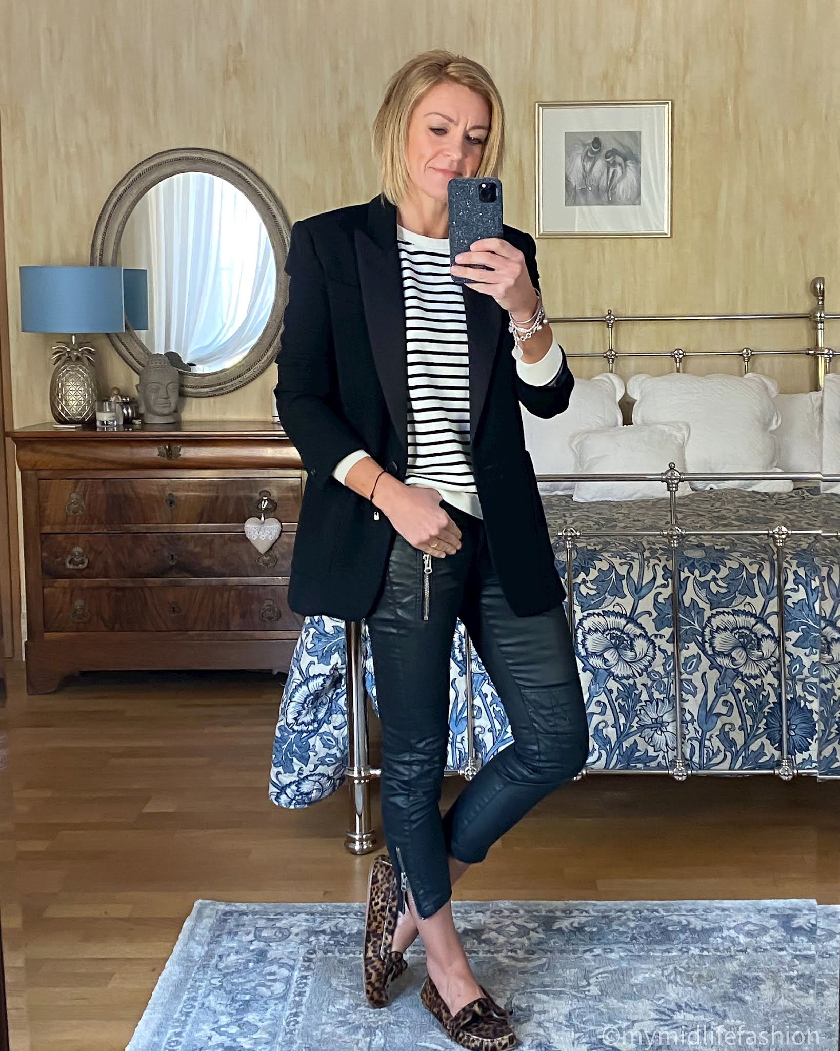 my midlife fashion, baukjen samara organic sweatshirt, Isabel Marant oversized blazer, Isabel Marant Etoile biker trousers, Isabel Marant Etoile leopard print loafers