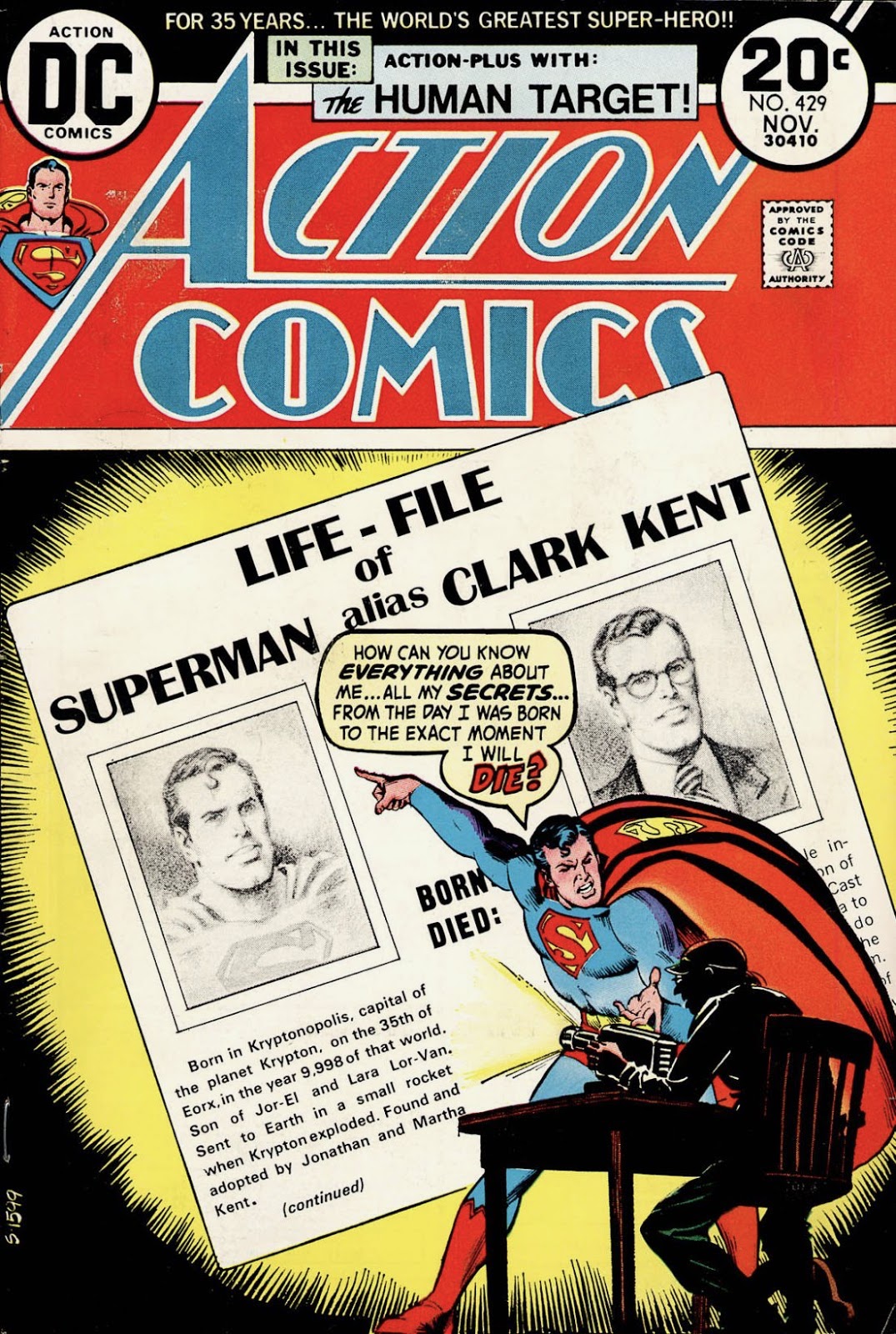 Superman confronting fellow in chair projecting 'Life-File of Superman alias Clark Kent' on wall, asking 'How can you know everything about me... all my secrets...?'