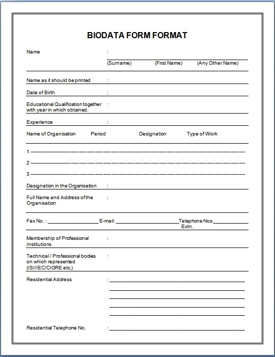 biodata form format