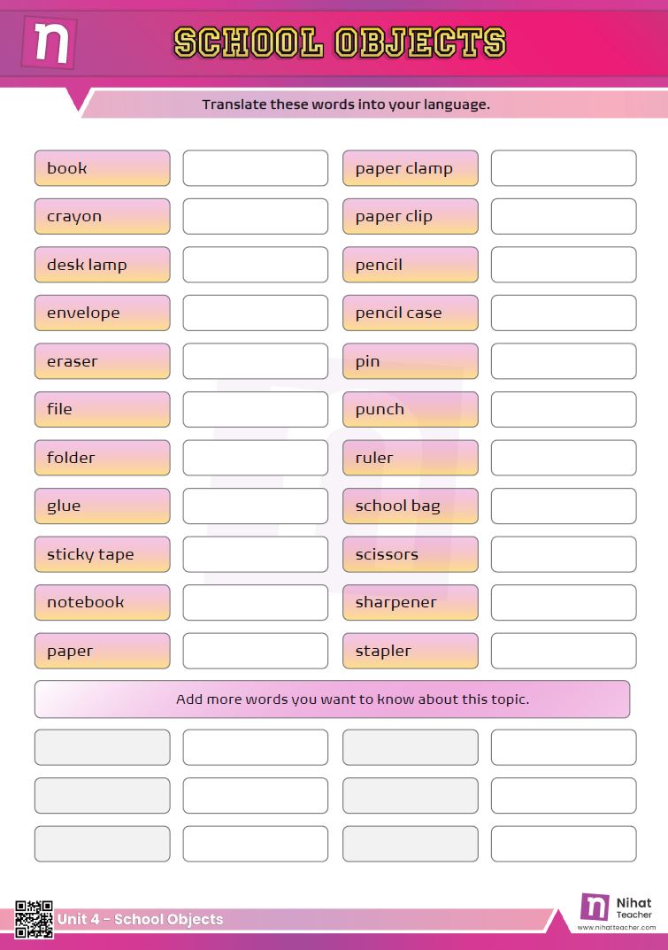 Practise English Vocabulary.   A multiple choice test school objects in English.    #download#Click here to download a worksheet about school objects in English in printable PDF format.    Scroll down the page to take an online test in English about school objects.    Search this site to find more about school objects in English.