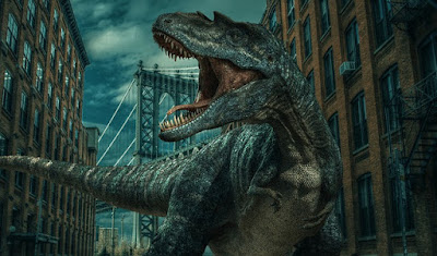 A tyrannosaurus rex rampages down a city street.