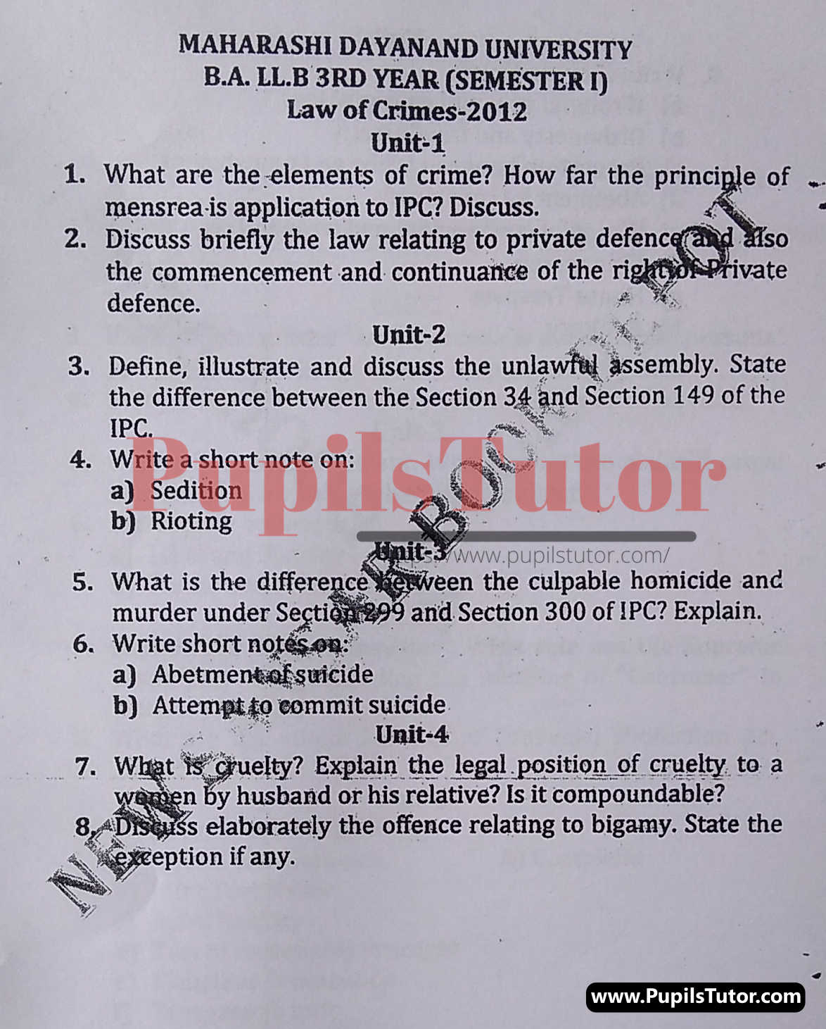 MDU (Maharshi Dayanand University, Rohtak Haryana) LLB Regular Exam (Hons.) First Semester Previous Year Law Of Crimes Question Paper For 2012 Exam (Question Paper Page 1) - pupilstutor.com
