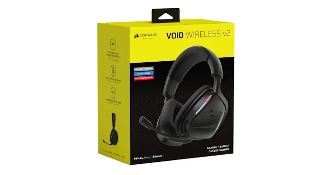 Corsair Void v2 Wireless Gaming Headset featuring Dolby Atmos, dual wireless (2.4GHz and Bluetooth), 70-hour battery, and ergonomic design for PC, PS5, Switch, and mobile gaming.