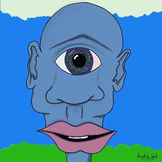 cyclops woman with bald blue head and big lips art