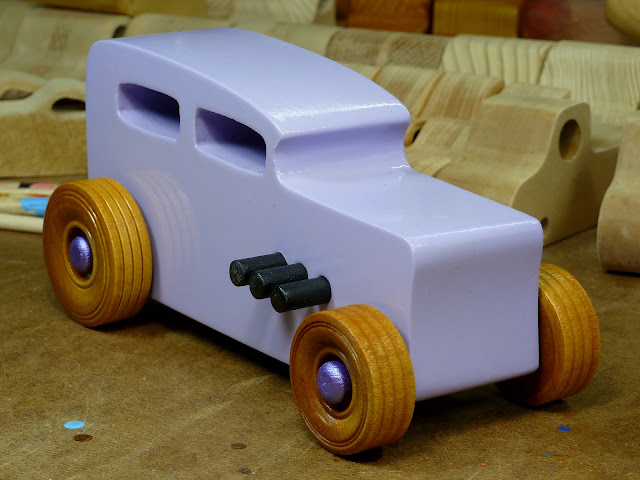 Wood Toy Car, Hot Rod 32 Sedan, Handmade and Painted  with Lavender,  Metallic Purple, Black Acrylic, and Amber Shellac