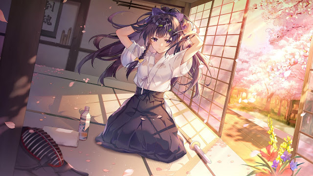 HD Wallpaper: Purple Hair, Anime School Girl, Cherry Blossoms
