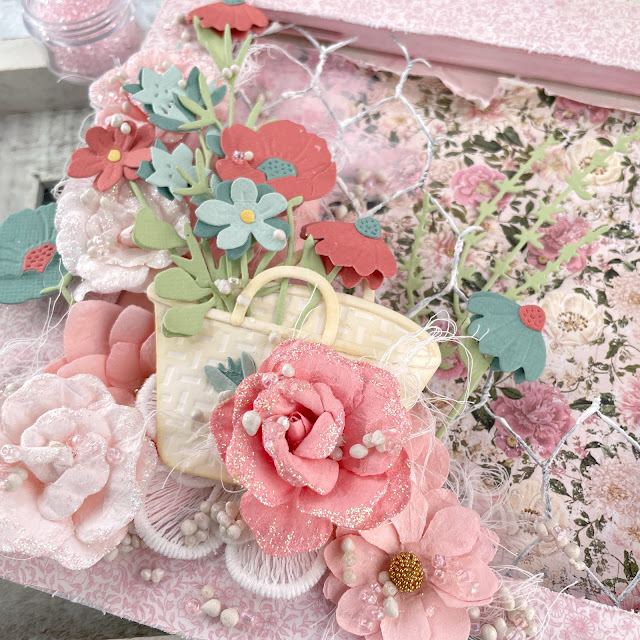 Flower Basket reverse mixed media canvas created with: Sizzix creamy matte paint in cherry blossom, sequin mix in ballet slipper, floral vessels, in the meadow, woodland stems die, muted cardstock, white texture roll; Scrapbook.com cloud whip; Tim Holtz linen distress oxide; Prima miel paper, flowers, art stones