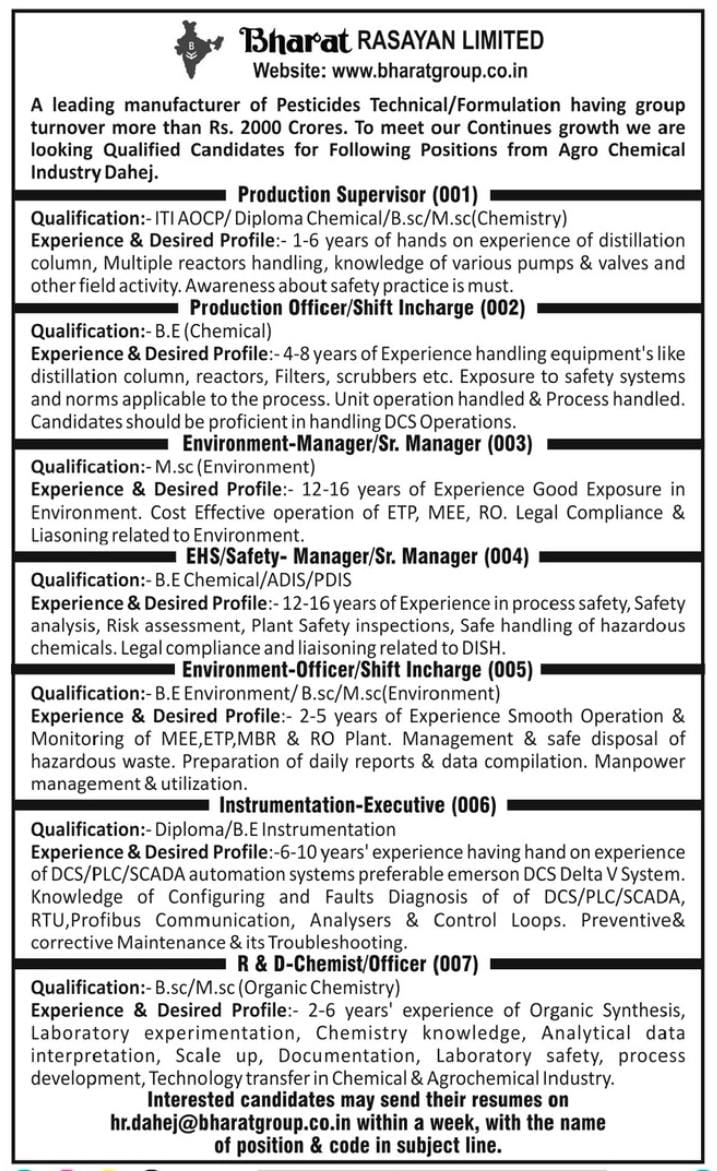 Job Availables,Bharat Rasayan Job Vacancy For B.E/ Diploma Chemical/ AOCP/ ADIS/ PDIS In Production/ Environment/ EHS/ Instruments/ R&D Department