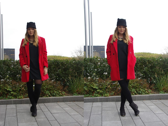 cat hat. monki, coutie dress, coies coat, red oversize coat,