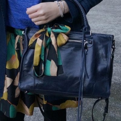matching silk skirt and scarf tied in bow on Rebecca Minkoff Regan bag | awayfromtheblue