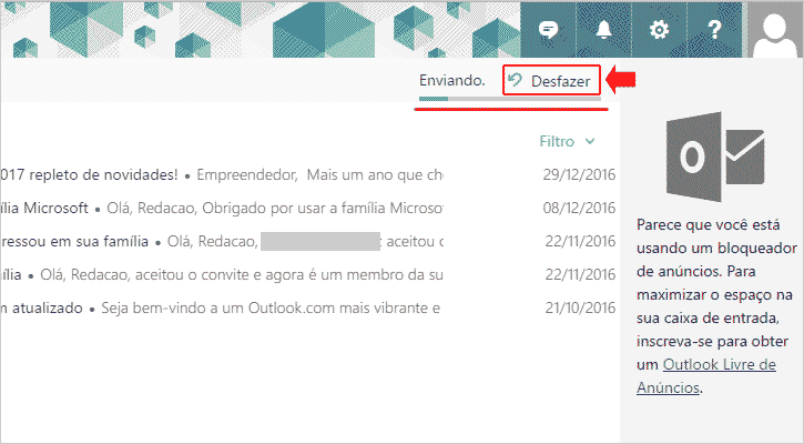 Desfazer o envio de um e-mail no Hotmail/Outlook.com