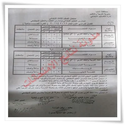 جدول امتحانات الشهادة الابتدائيه محافظة المنيا 2017 الترم الاول - الصف السادس