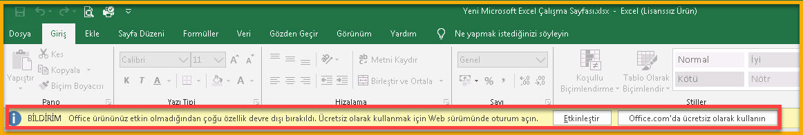 Office ürününüz etkin olmadığından çoğu özellik devre dışı bırakıldı.