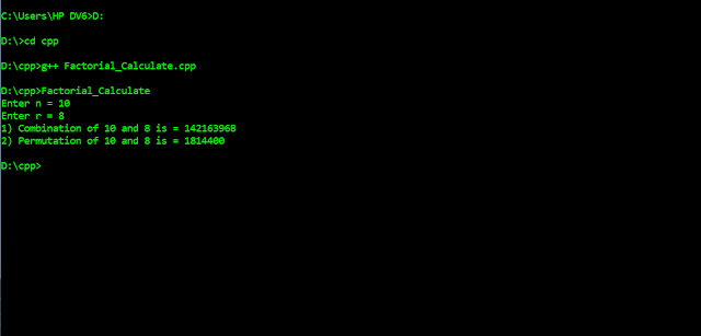 C++ Program to calculate factorial  and also calculate Permutation and Combination .