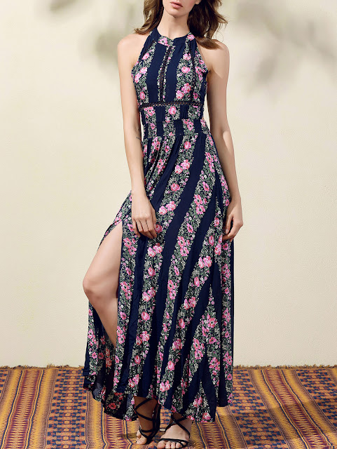 Floral Print High Slit Jewel Neck Sleeveless Dress - Purplish Blue