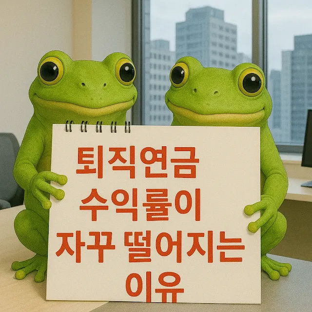 '퇴직연금 수익률이 자꾸 떨어지는 이유' 문구가 적힌 스케치북을 든 청개구리