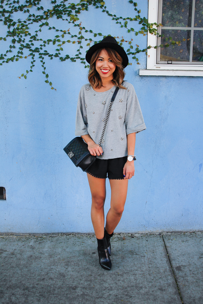 Brandy Melville Leticia Shorts, H&M jeweled top, Zara hat, beautybitten