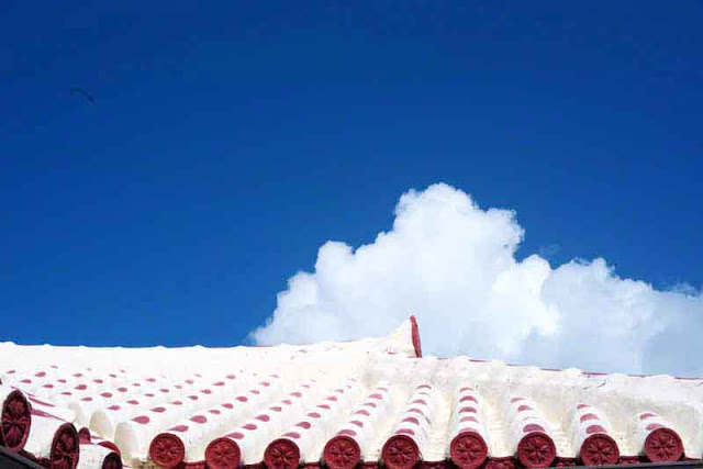 tiled-roof,Okinawan home;traditional,sky,clouds