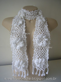 cachecol branco, cachecol feminino, croche, cachecol de flores, 