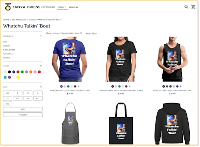 Screenshot of Whatchu Talkin' Bout branded Tanya Talks Merch located on Tanya Owens Athleisure. It displays three people wearing Tees, an apron, a bag, and a hoodie.