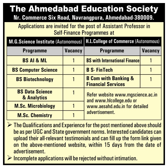 AES Ahmedabad Biotech/Microbiology Faculty Jobs