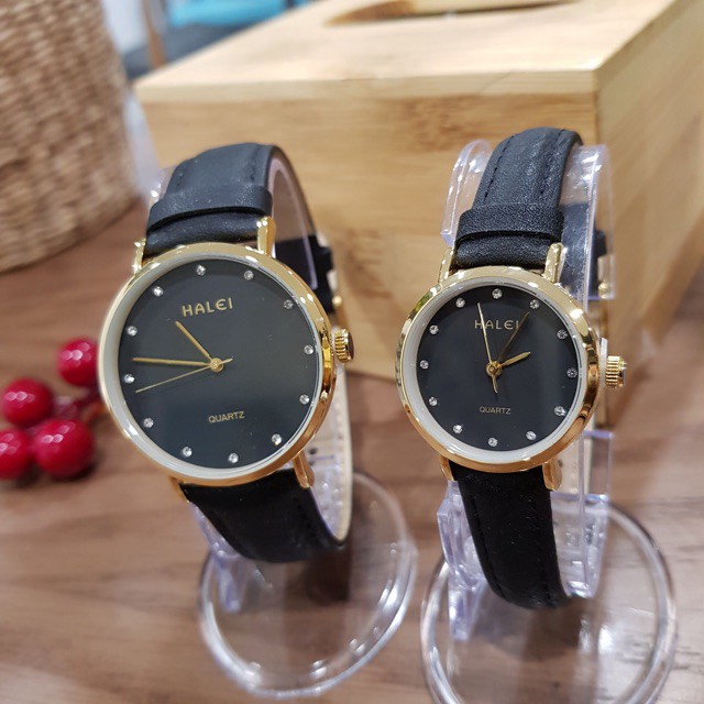 HÀNG CAO CẤP - Đồng hồ đôi nam nữ Halei dây da đen mặt ngọc chính hãng Tony Watch 68 - Hàng Cao Cấp