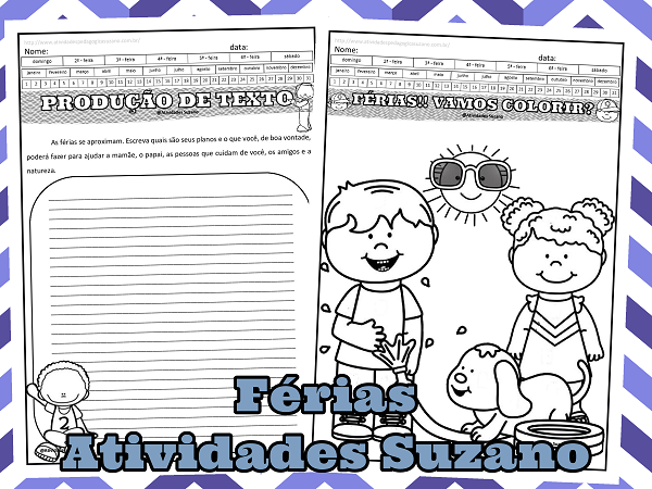 Produção de texto Férias e desenho para colorir em pdf