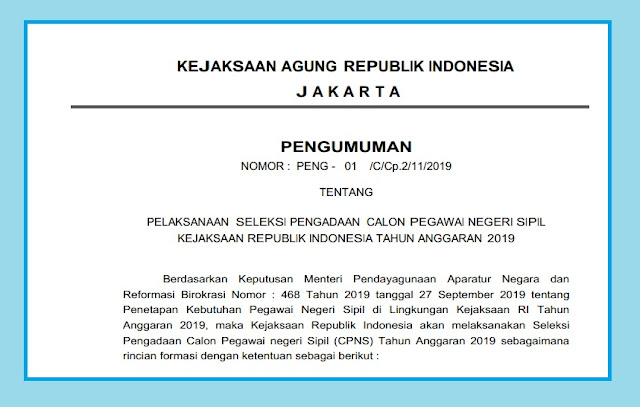  Rincian Formasi Penerimaan CPNS Kejaksaan Tahun 2019  