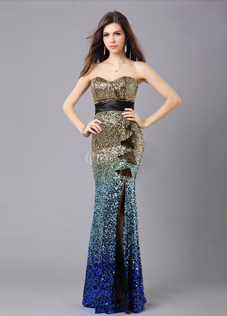 China Wholesale Clothes - Shiny Strapless Split Front Mermaid Sleeveless Polyester Evening Dress