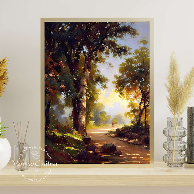 Elevate your home decor with this stunning rustic landscape print featuring a colorful and vibrant vintage oil painting. The iconic landscape design adds timeless elegance and is perfect for farmhouse style spaces. This high-quality printable wall art is available as an instant digital download, making it a convenient and affordable way to transform your walls. Bring a touch of vintage charm to your living space with this colorful and vibrant art piece that is sure to create a lasting impression.Colorful Landscape Painting in Portrait Orientation by Biju Varnachitra