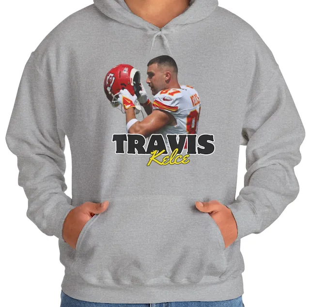 A Hoodie With NFL Player Travis Kelce Take Off Helmet and Name Text