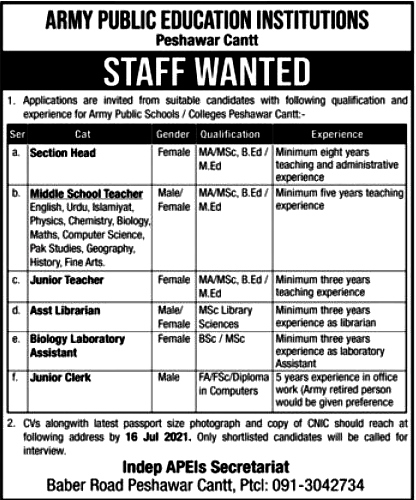 Latest Jobs in Pak Army Public Education Institutes 2021  - Army Public School and College System