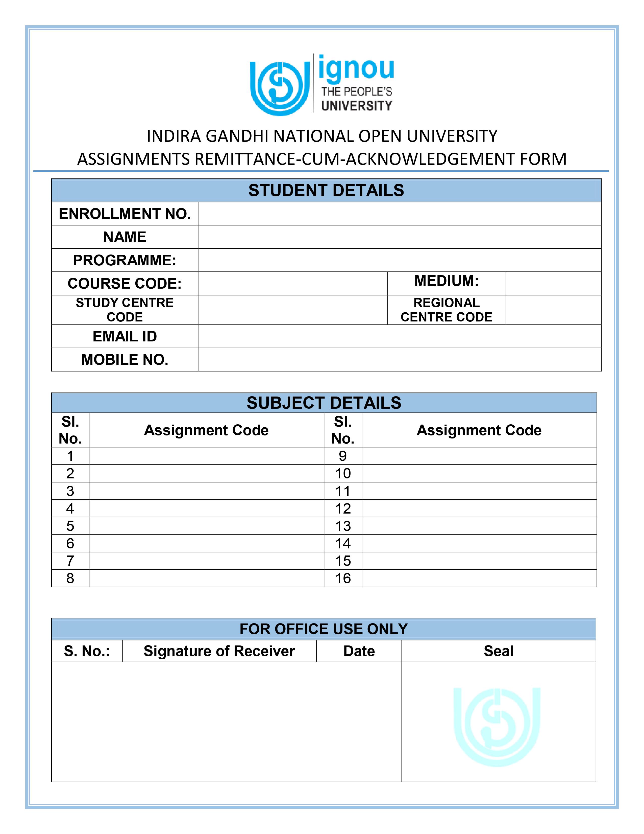 IGNOU AKNOWLEDGMENT SLIP | IGNOU AKNOWLEDGMENT RECEIP PDF DOWNLOAD one page