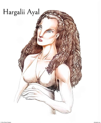 A depiction of a pregnant Hargalii Ayal female, showcasing the unique features of the hybrid species