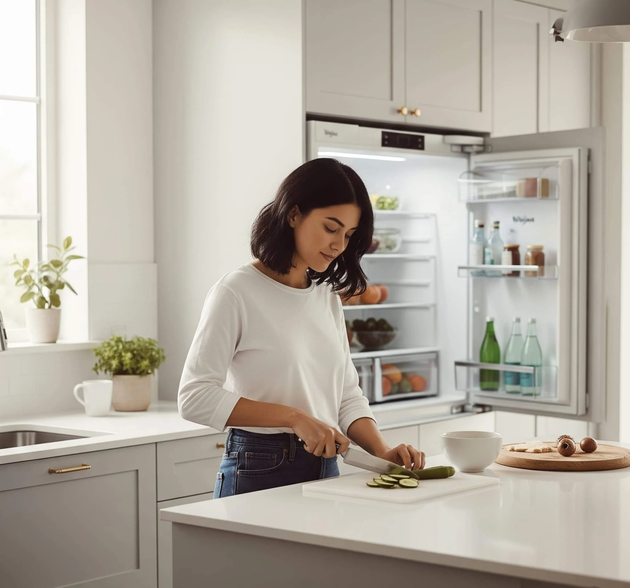 Quiet Whirlpool refrigerator running in the background of a peaceful kitchen environment