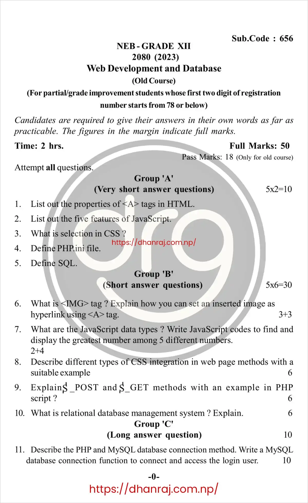 Web-Development-and-Database-NEB-Class-12-Question-Paper-2080-2023-Old-Course-Code-656-PDF-01