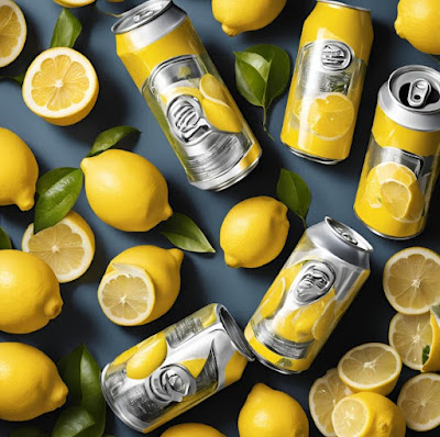 A collage of lemons and various beer sized cans with lemons on them.
