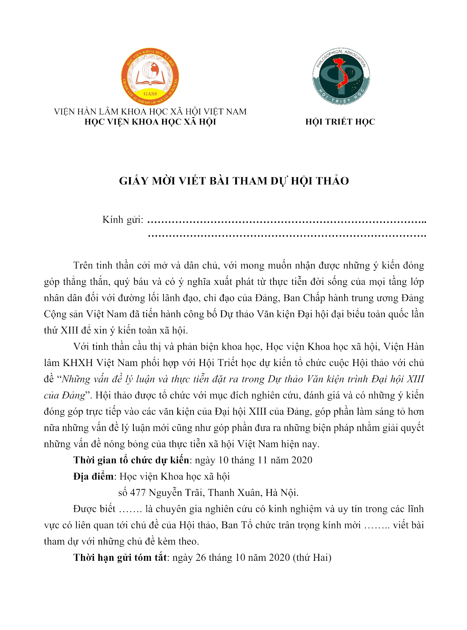 Thư mời hội thảo "Những vấn đề lý luận và thực tiễn đặt ra trong Dự thảo Văn kiện trình Đại hội XIII của Đảng" Hội Triết học vs Viện Hàn lâm KHXH