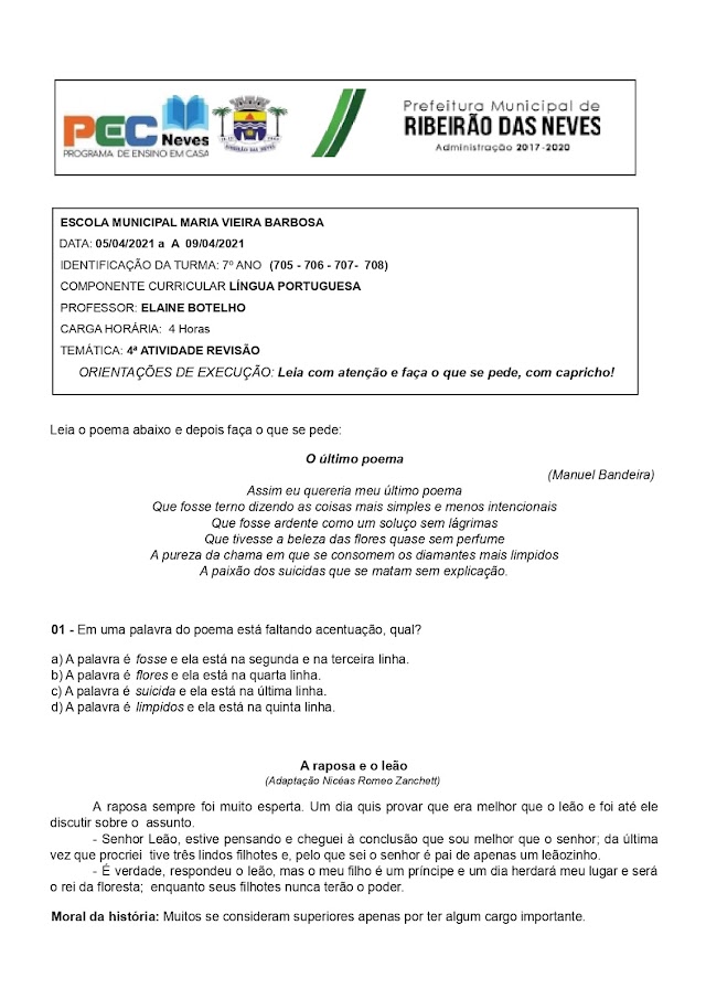 ATIVIDADE DE REVISÃO / PORTUGUÊS   7ºANO - (05/04/2021 à 09/04/2021) 