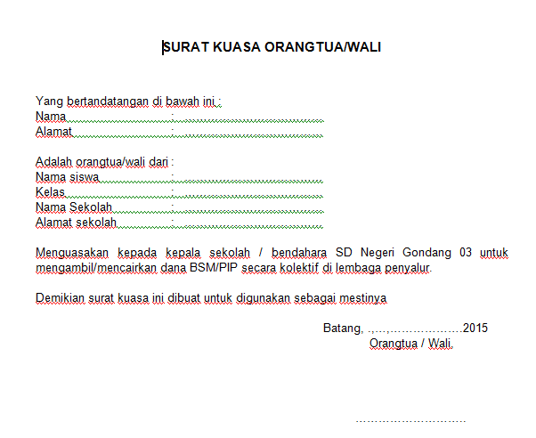 Contoh Surat Kuasa Orang Tua/Wali Murid Untuk Pencairan 