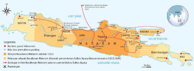 Cakupan terluas Kesultanan Mataram dalam masa pemerintahan Sultan Agung Hanyokrokusumo (1613-1645)