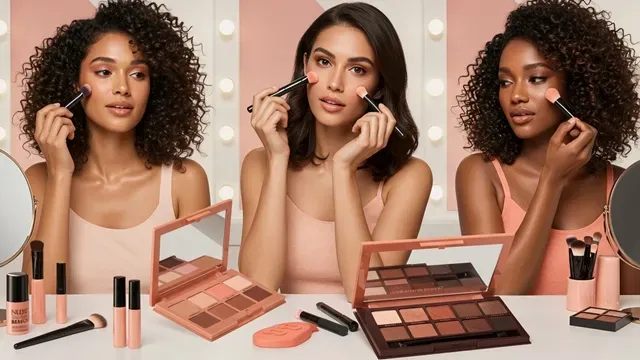 Três mulheres com tons de pele variados aplicam a paleta multifuncional Nudet.