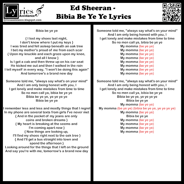 Ed Sheeran - Bibia Be Ye Ye Lyrics | lyricsassistance.blogspot.com