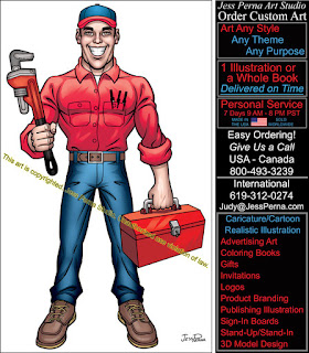 Cartoon Plumber with Wrench and Tool Box