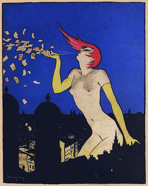 a Walter Schnackenberg illustration of a giant woman at night blowing out pamphlets in a city