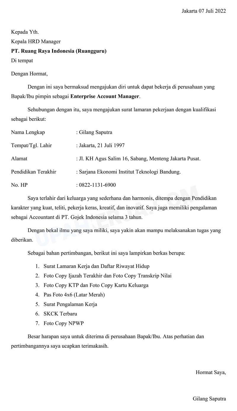 contoh surat lamaran kerja ruangguru