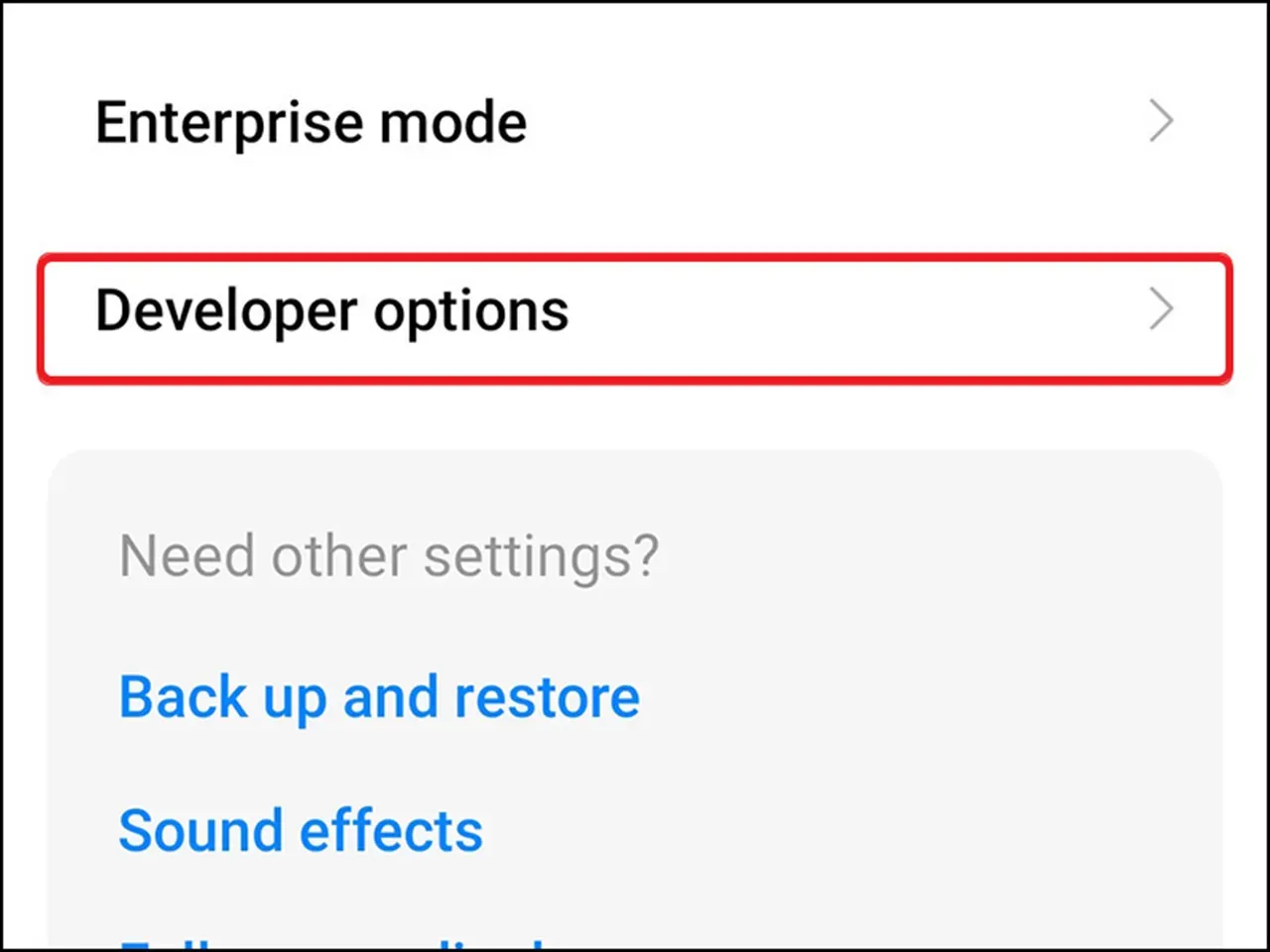 Chọn Developer options