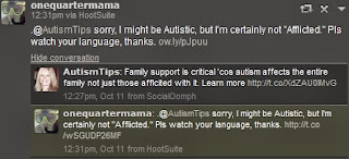 screenshot twitter conversation between @onequartermama.ca and @AutismTips